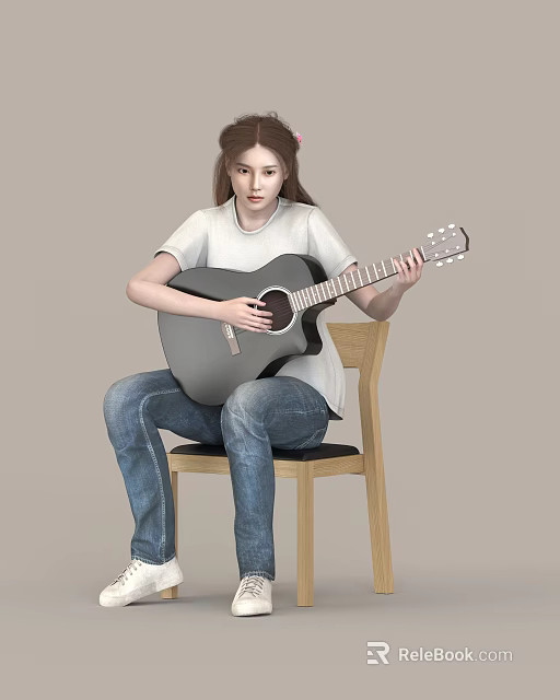 A Woman sitting on wooden chair playing acoustic guitar wearing white T-shirt and blue jeans 3d model 