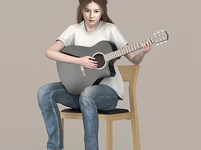 A Woman sitting on wooden chair playing acoustic guitar wearing white T-shirt and blue jeans 3d model