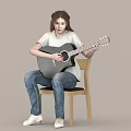 A Woman sitting on wooden chair playing acoustic guitar wearing white T-shirt and blue jeans
