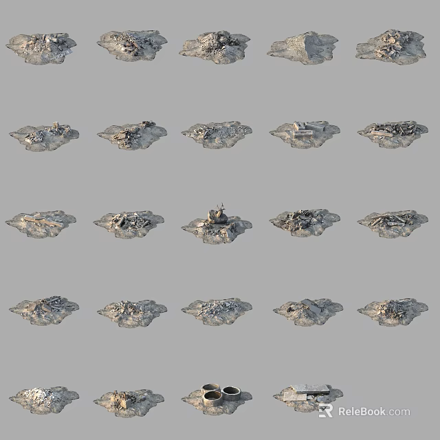 Multiple Silver Irregular Metal Objects Arranged In Rows On Gray Background 3d model 