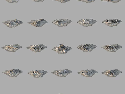 Multiple Silver Irregular Metal Objects Arranged In Rows On Gray Background 3d model