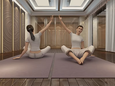 Two women sitting cross legged on yoga mats stretching arms upwards in bright indoor room 3d model