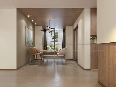 Modern Restaurant Interior Design With Wooden Dining Table Chairs Pendant Light Artwork And Green Plant 3d model
