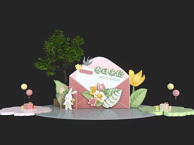 Spring Flower Painting Exhibition Booth Background With Pink Rabbit Tree Balloons And Gift Boxes 3d model