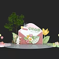 Spring Flower Painting Exhibition Booth Background With Pink Rabbit Tree Balloons And Gift Boxes