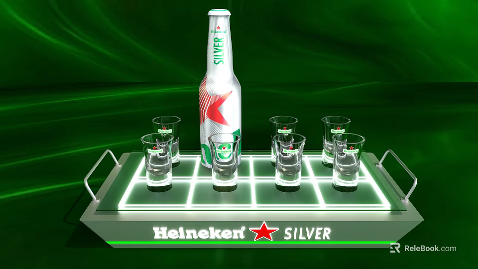 Heineken Silver Bottle With Glasses On Lit Tray And Green Background 3d model 