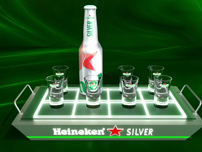 Heineken Silver Bottle With Glasses On Lit Tray And Green Background 3d model