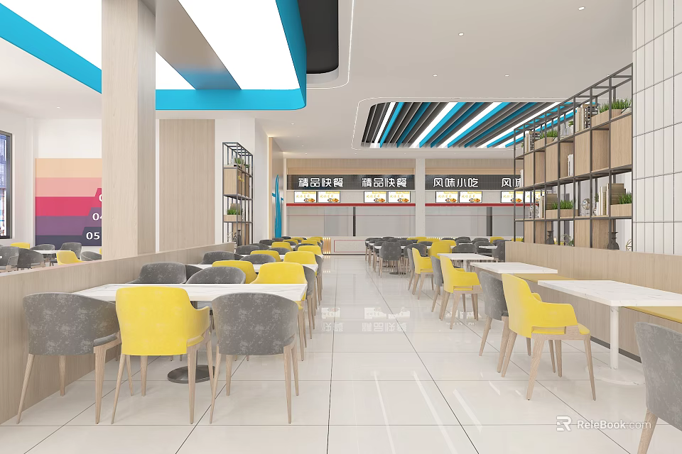 Bright Restaurant Interior With Yellow Gray Chairs White Tables And Blue Ceiling Decor 3d model 