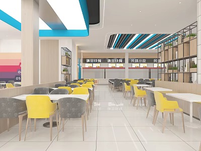 Bright Restaurant Interior With Yellow Gray Chairs White Tables And Blue Ceiling Decor 3d model