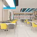 Bright Restaurant Interior With Yellow Gray Chairs White Tables And Blue Ceiling Decor