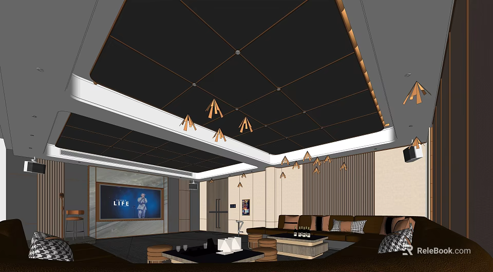 Modern KTV Interior Design With Large Screen Sofa Pendant Lights And Dark Ceiling 3d model
