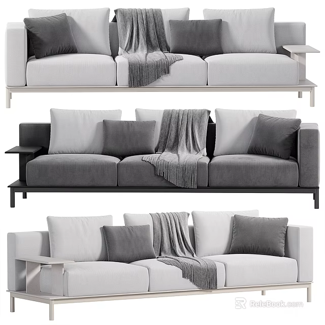 Modern Three-Seater Sofa With Plush Pillows And Cozy Throw Blanket 3d model