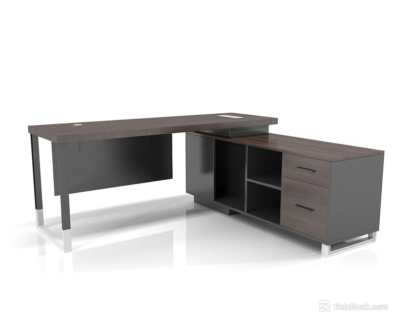 Modern L shaped Office Desk With Wooden Tabletop Black Frame And Storage Drawers 3d model 