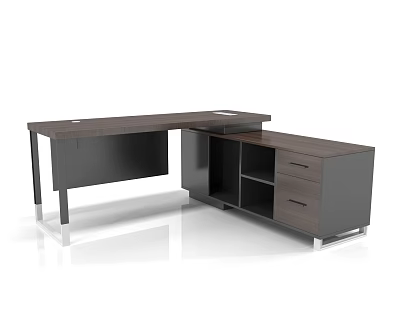 Modern L shaped Office Desk With Wooden Tabletop Black Frame And Storage Drawers 3d model