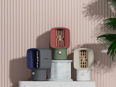 Colorful Modern Small Electric Appliances On Marble Base With Striped Wall And Green Plant 3d model
