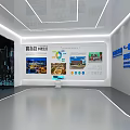 Futuristic Tech Hall With Large Video Wall Displaying Cityscape Featuring Blue Light Dots And Lines