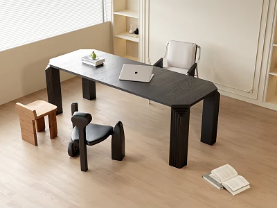 Modern Black Desk Setup With Laptop Fruit Plate And Chairs On Light Wooden Floor 3d model