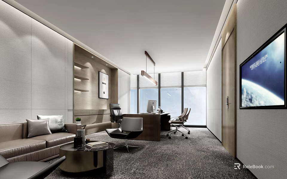 Modern Office Interior Design With Leather Sofa Desk Chairs And Floor to Ceiling Windows 3d model 
