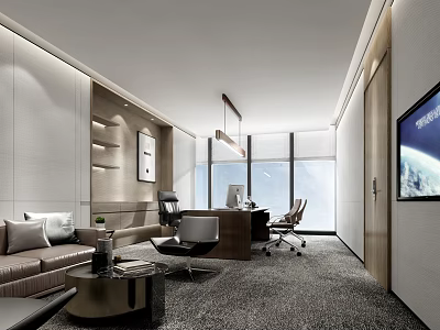 Modern Office Interior Design With Leather Sofa Desk Chairs And Floor to Ceiling Windows 3d model