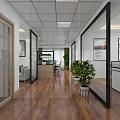 Bright Public Office Space With Computer Monitors Office Desks Wooden Flooring And Green Plants