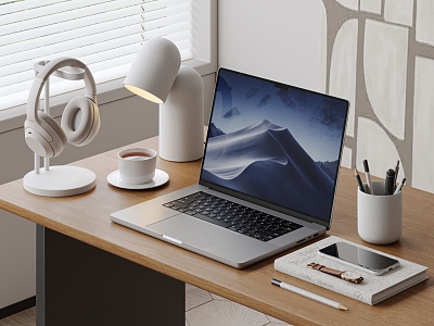 Apple Laptop Computer Ornaments Desk Lamp Office Supplies Headphones Mobile Phone Books Watch Accessories Furnishings 3d model