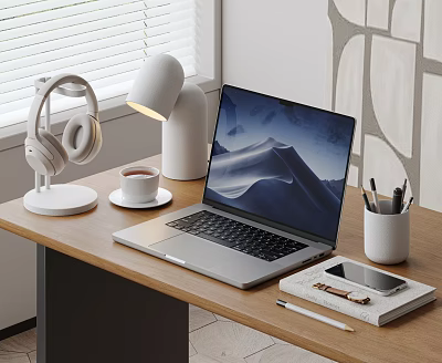 Modern Laptop Workspace With Headphones Table Lamp Coffee Cup And Smartphone 3d model