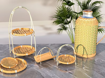 Bamboo Rattan Household Items Including Storage Shelves Trays And Water Jug For Home Use 3d model