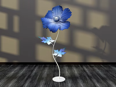 Floral Art Installation Featuring Blue Flower Metal Stem Decorative Leaves Shadow Effect On Wooden Floor 3d model