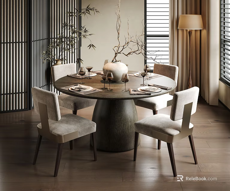 Elegant Modern Dining Room Tableware Set With Round Table Chairs Wine Glasses And Vase 3d model