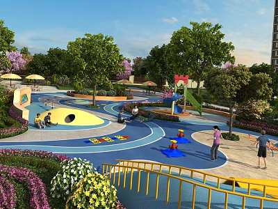 Colorful Outdoor Playground Equipment in Park with Slides Climbing Structures and Green Trees 3d model