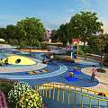 Colorful Outdoor Playground Equipment in Park with Slides Climbing Structures and Green Trees