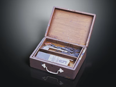 Vintage Equipment in Open Wooden Case With Tools and Cables 3d model