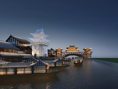 Ancient Architecture Night View With River Boats Traditional Roofs And Bridge 3d model