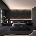 Dark Modern Bedroom Interior With Large Bed Textured Wall Large Windows And Soft Lighting 3d model