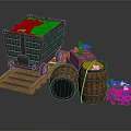 Rustic Mine Cart Scene With Wooden Barrels Coal Pile And Lit Lantern