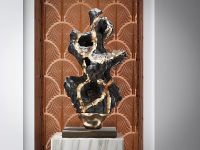 Black and Gold Decorative Ornament Set with Marble Base and Wooden Fan Pattern Screen 3d model
