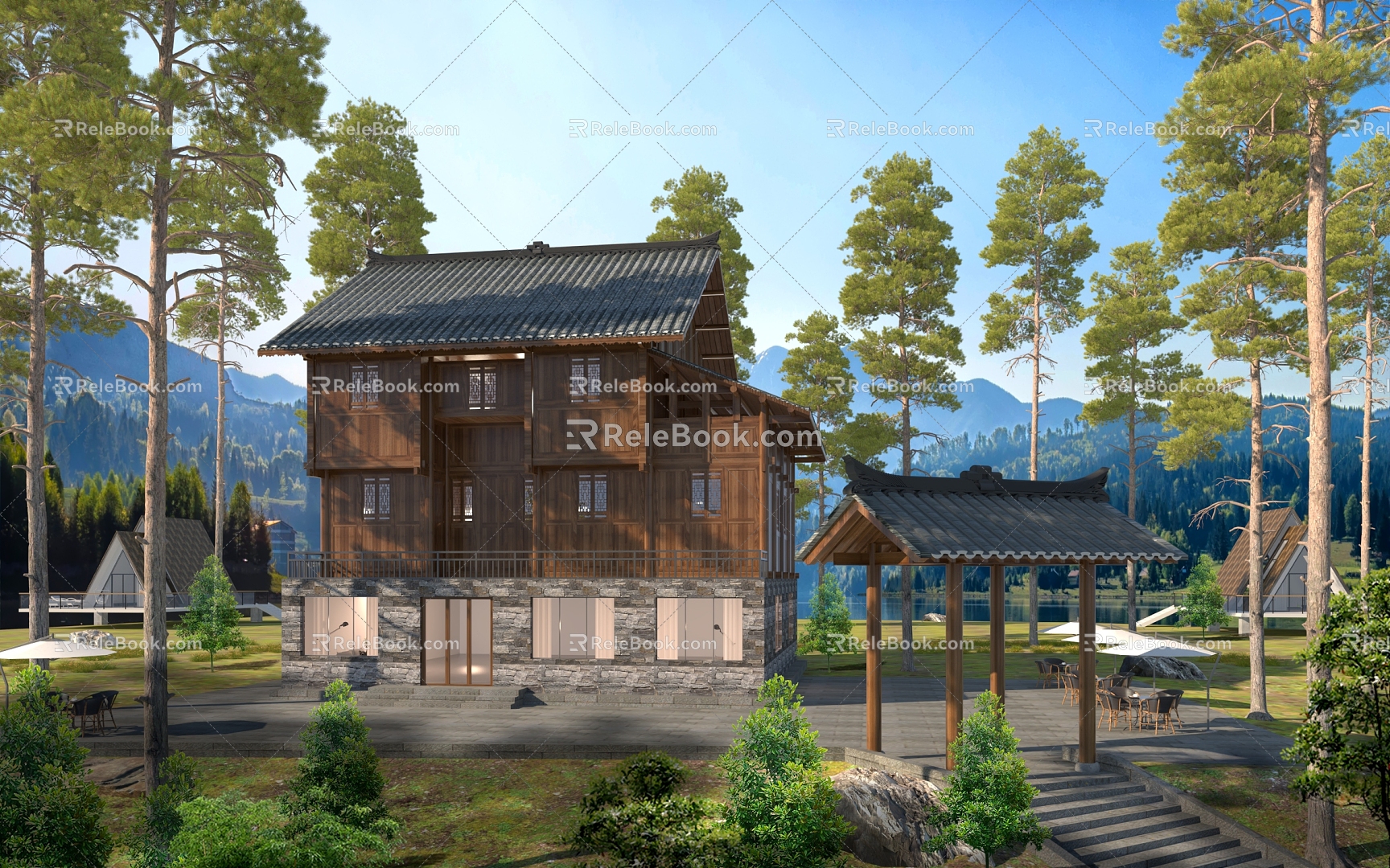 Chinese-style wooden house wooden house 3d model