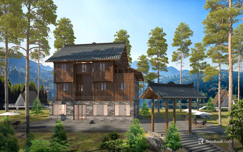 Traditional Wooden House With Sloped Roof And Pavilion Amid Pine Trees And Mountains 3d model 