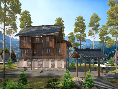 Traditional Wooden House With Sloped Roof And Pavilion Amid Pine Trees And Mountains 3d model