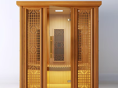 Traditional Wooden Sauna Room Interior Design With Carved Doors And Heated Bench 3d model