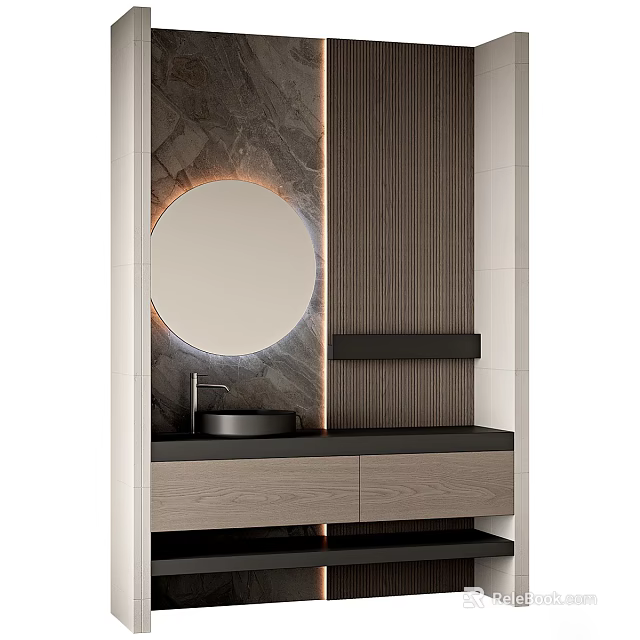 Modern Bathroom Vanity With Round Mirror Black Countertop Marble Wall And Wooden Cabinet 3d model 