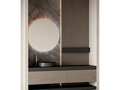 Modern Bathroom Vanity With Round Mirror Black Countertop Marble Wall And Wooden Cabinet 3d model