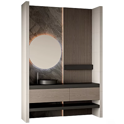 Modern Bathroom Vanity With Round Mirror Black Countertop Marble Wall And Wooden Cabinet 3d model