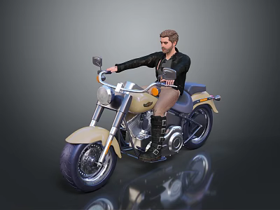 Cream Classic Motorcycle With Male Rider In Black Leather Jacket On Gray Background 3d model