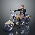 Cream Classic Motorcycle With Male Rider In Black Leather Jacket On Gray Background