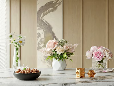 Elegant Pink Flowers and Daisies in Transparent White Vases on Marble Table with Wooden Decor 3d model