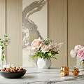 Elegant Pink Flowers and Daisies in Transparent White Vases on Marble Table with Wooden Decor