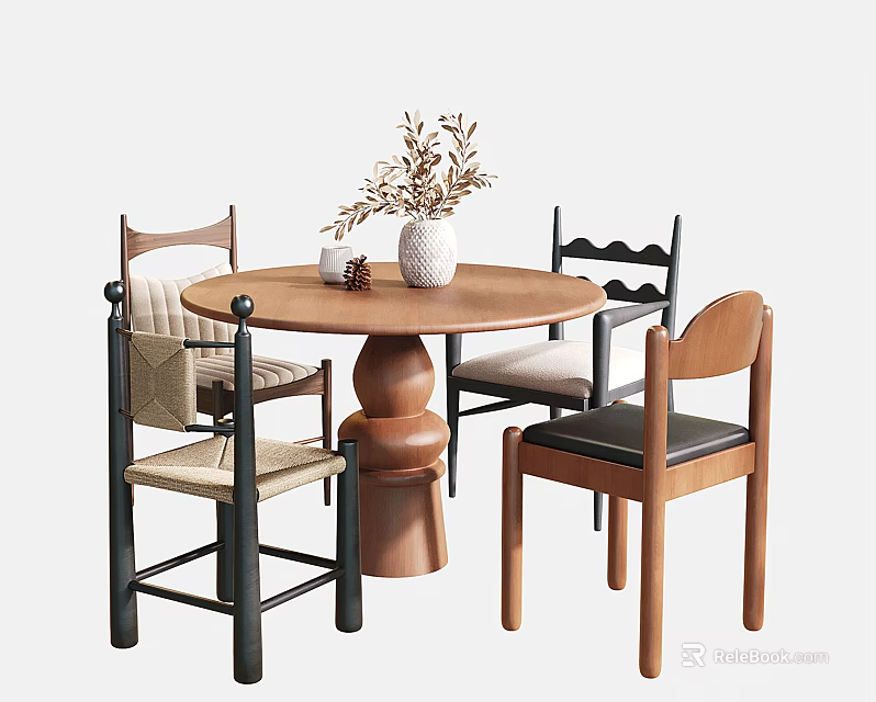 Round Wooden Dining Table with Unique Pedestal Mixed Design Chairs Woven Seats and Decorative Vase 3d model 