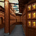 Buddhist Temple Interior Featuring Golden Buddha Statue Wooden Cabinets And Colorful Glass Ceiling