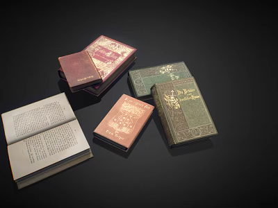 Vintage Books With Decorative Covers Open And Closed Displaying Various Designs And Pages 3d model